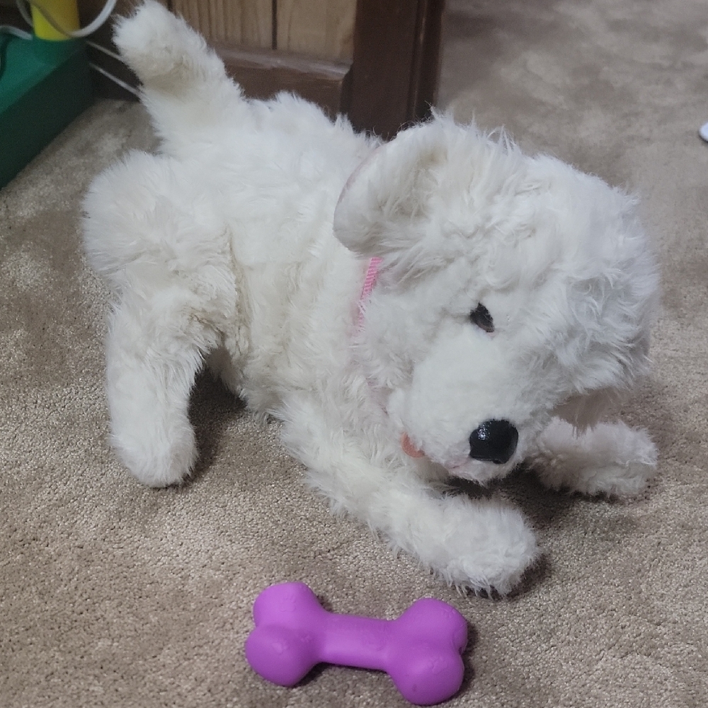 Cuddly White Plush Dog with Pink Bone
